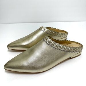 Pour La Victoire Giselle Gold Leather Slip On Flat Pearl Embellished Mules